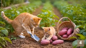 😹Мама кошечка со своим маленьким сыночком собирают вкусную картошечку🔥