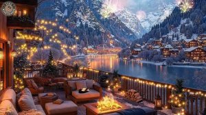 Фейерверки, уютное зимнее кафе с видом на горы, нежный джаз