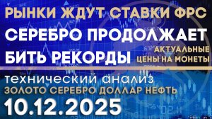 Рынок в ожидании снижения % ставок ФРС. Анализ рынка золота, серебра, нефти, доллара 10.12.2025 г