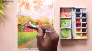 Осенний пейзаж с домиками акварелью, мастер‑класс по шагам