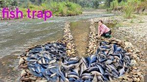 Девушка умело расположила камни что бы создать ловушку для рыбы.