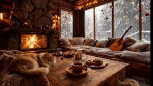Уютный камин, джазовая гитара и спящий кот • Теплая зимняя атмосфера
