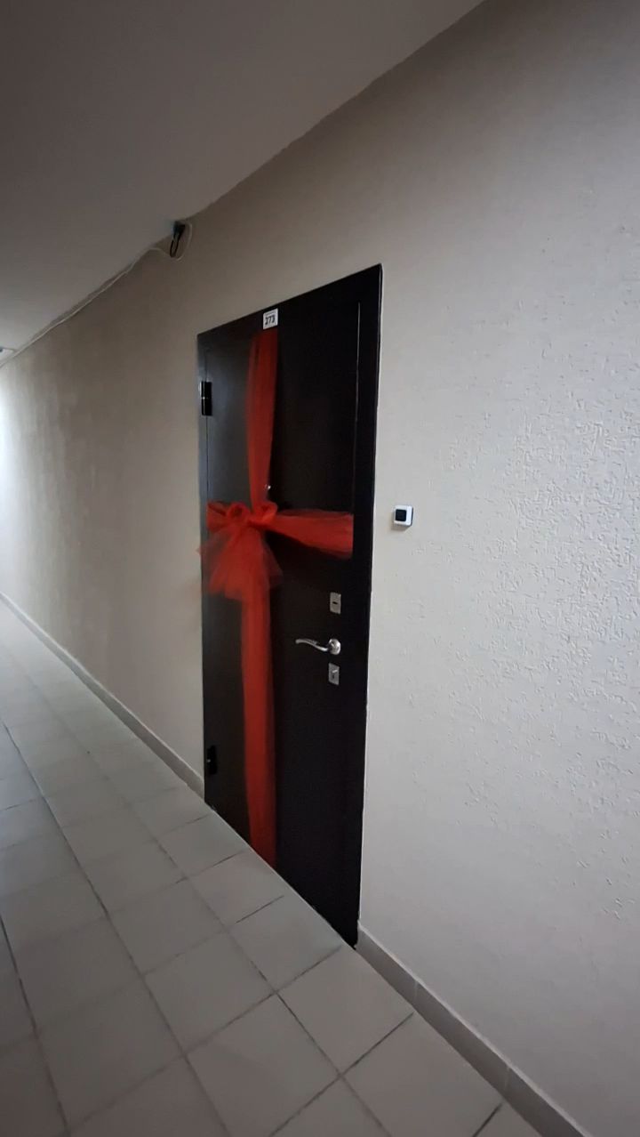 Креативное поздравительное украшение на двери квартиры