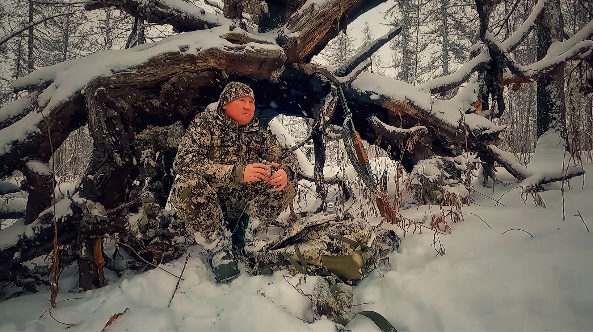 Укрылся под корнем в сильный снегопад. Приехал отец на лесную избу.