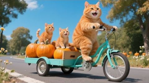 Мама-кошка собирает урожай тыквы и готовит вкусное блюдо из фаршированной тыквы для котят