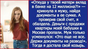 "Откуда у твоей матери вклад в банке на 12 миллионов?" - удивилась я. А когда проверила свой счет.