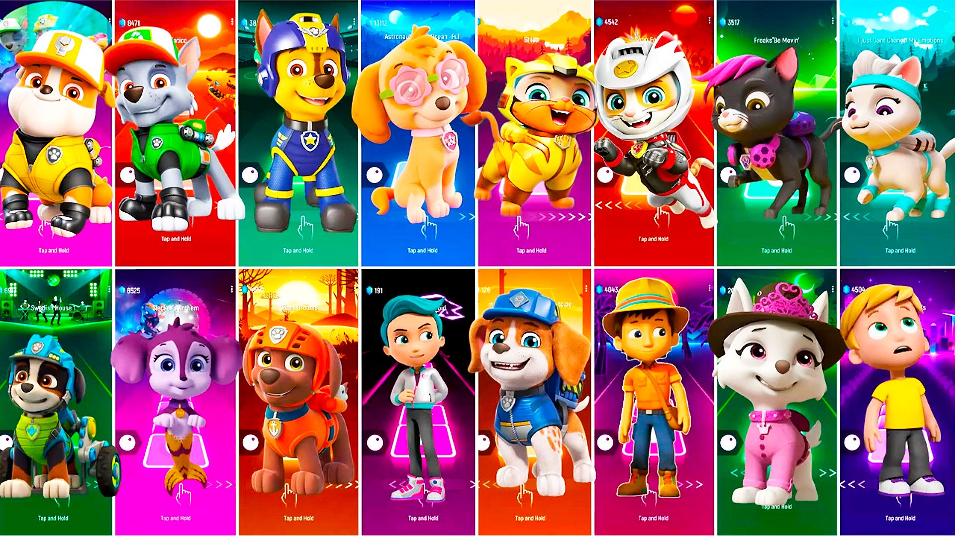 Мультики для Детей Щенячий Патруль Tiles Hop - КРЕПЫШ, РОККИ, ГОНЩИК, СКАЙ