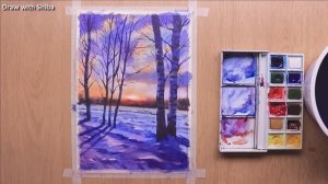 Мастер-класс по рисованию акварелью зимнего вечернего пейзажа на закате