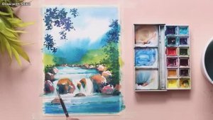 Рисуем и раскрашиваем акварелью пейзаж с водопадом и текущим ручьём