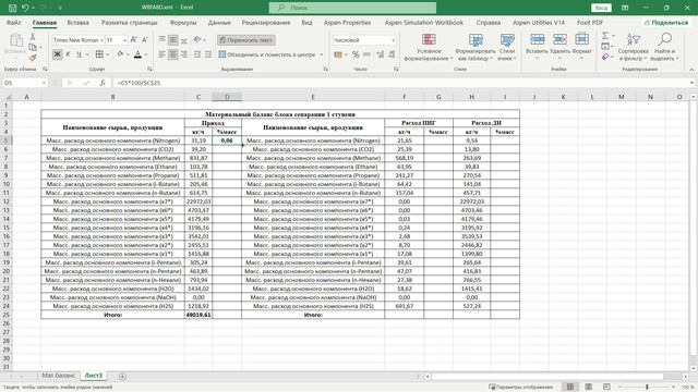 Aspen HYSYS вывод мат.баланса