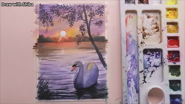 Мастер-класс по рисованию акварелью лебедя на фоне заката у озера — простое исполнение смотреть онлайн