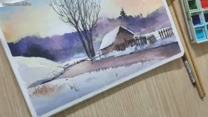 Мастер-класс по рисованию акварелью деревенского пейзажа с заснеженными деревьями и домом