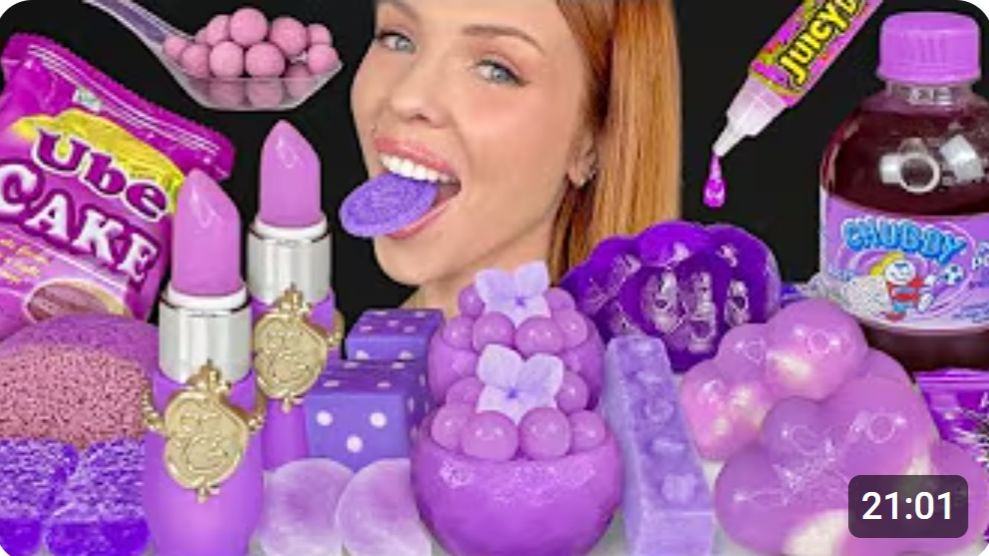 ASMR муКБАНГ, фиолетовые десерты, торт из фиолетового батата, Chubby содовая, кубики, желе смотреть онлайн