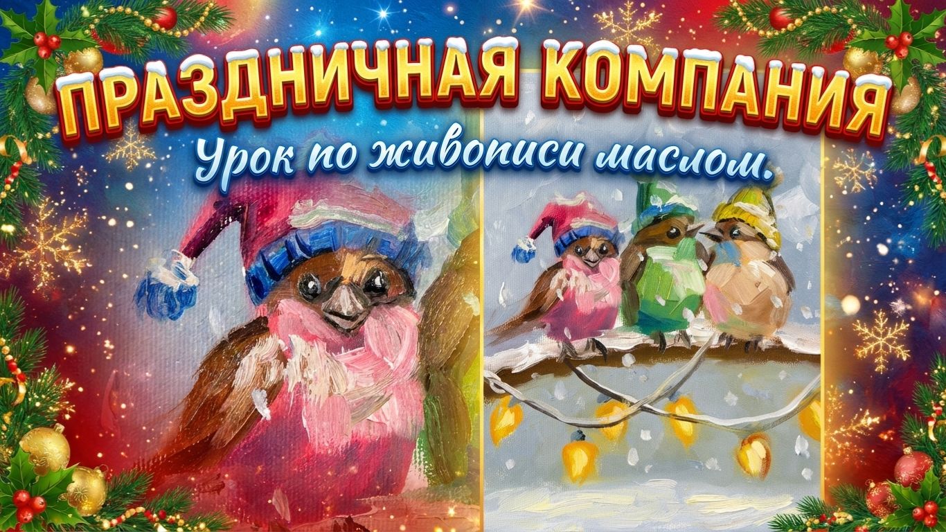 Зимние птички с гирляндой | Праздничная компания – пошаговый урок по живописи маслом смотреть онлайн