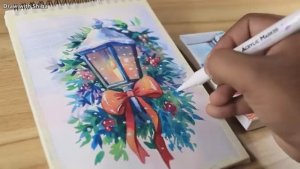 Новогодняя открытка акварелью. Рисуем фонарь со свечой