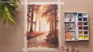 Рисуем красивый лесной осенний пейзаж акварелью — просто