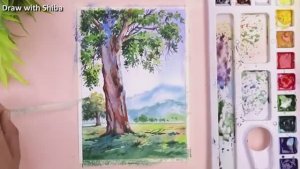 Мастер-класс по рисованию акварелью прекрасное дерево на фоне горных вершин