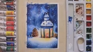 Новогодняя открытка акварелью. Простой пошаговый урок для начинающих