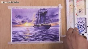 Мастер-класс по рисованию акварелью море, небо и корабль в золотых лучах