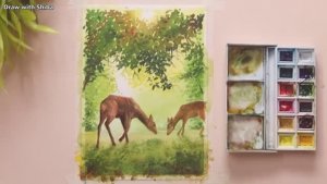 Мастер-класс по рисованию акварелью красивый лесной пейзаж с оленем, легко.