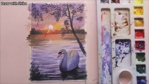 Мастер-класс по рисованию акварелью лебедя  в закатном пейзаже у озера — просто и красиво