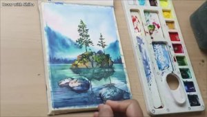 Рисуем акварелью: остров в озере (легко)