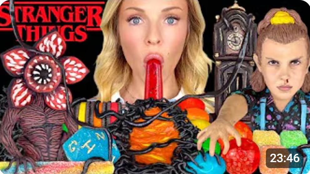 ASMR MUKBANG, Stranger Things, Eleven, Demogorgon, Edible Vecna Clock, Black Jel