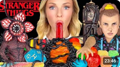 ASMR MUKBANG, Stranger Things, Eleven, Demogorgon, Edible Vecna Clock, Black Jel