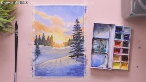 Мастер-класс по рисованию акварелью зимнего пейзажа на фоне заката