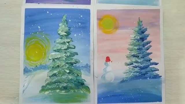 Как нарисовать зимний пейзаж просто гуашью