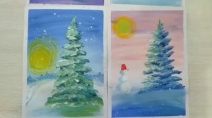 Как нарисовать зимний пейзаж просто гуашью