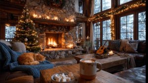 Уютный камин, джазовая гитара и спящий кот • Теплая новогодняя атмосфера