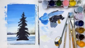 Зимняя ель гуашью