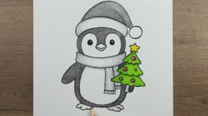 Как шаг за шагом нарисовать милого новогоднего пингвина карандашом - Простые рисунки