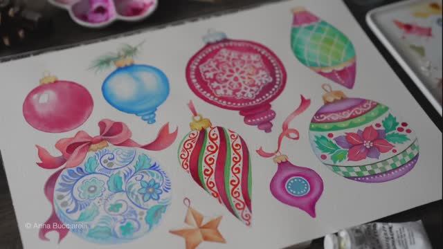 Рисуем потрясающе красивые елочные украшения акварелью.