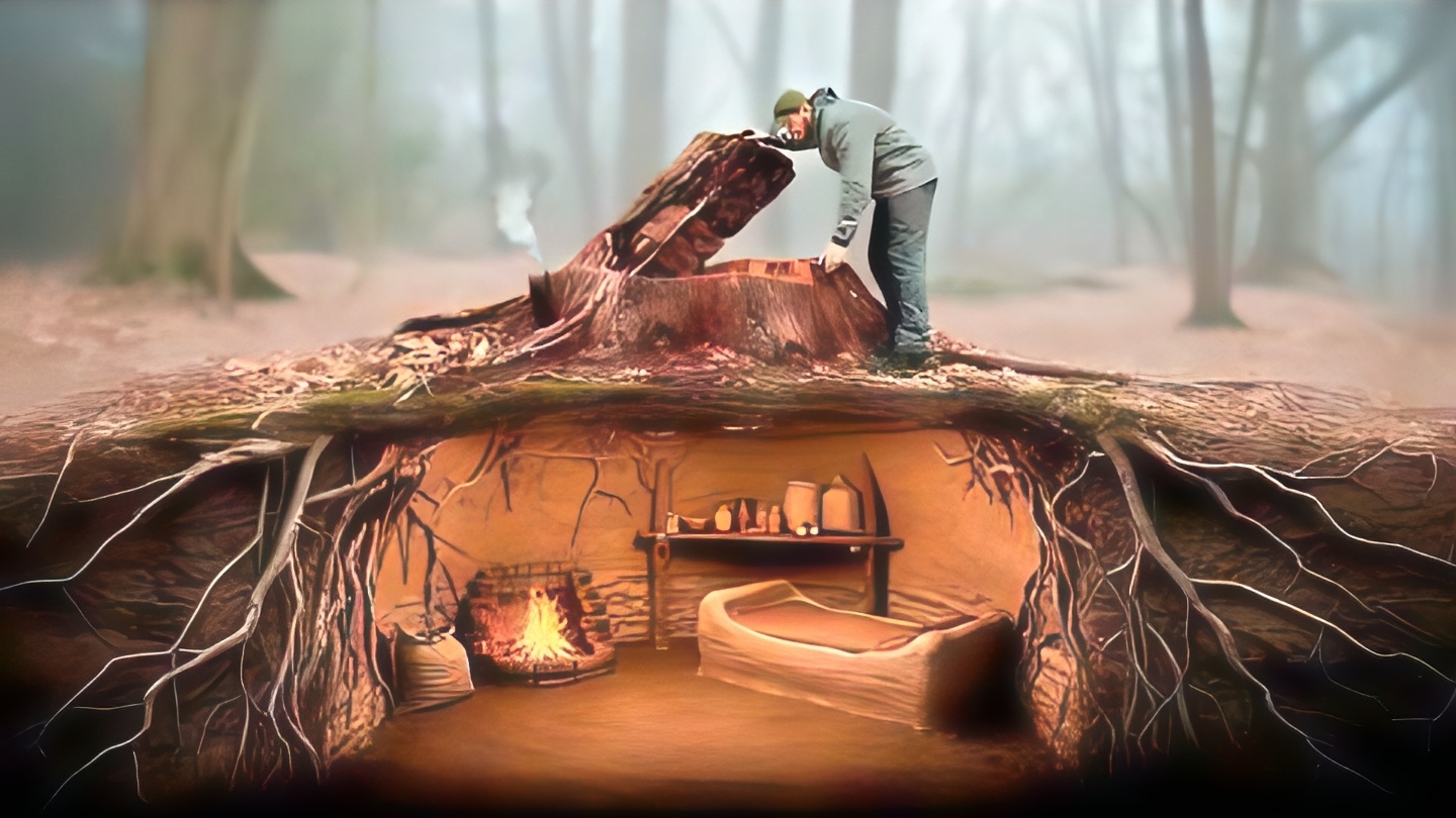 Строю потайную землянку под пнем. Строю теплое убежище. Бушкрафт