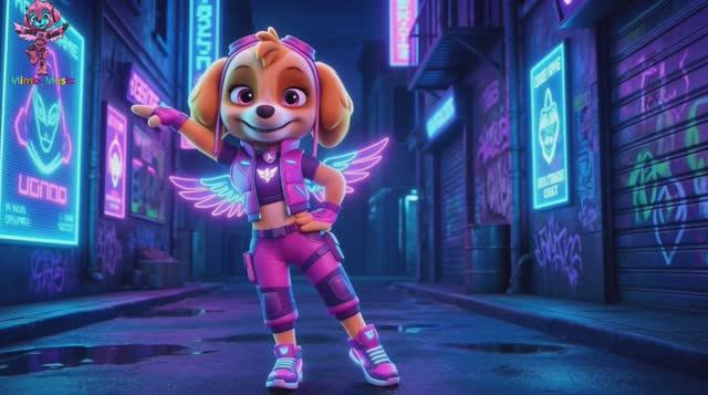 Щенячий патруль, Скай, Маршал, Эверест, Гончик, Крепыш и Роки танцуют в техно кибер образе.