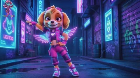 Щенячий патруль, Скай, Маршал, Эверест, Гончик, Крепыш и Роки танцуют в техно кибер образе.