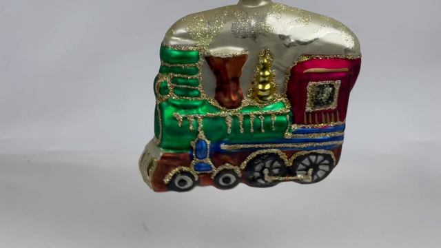 Елочная игрушка «Паровозик в снегу» стеклянный, винтажный, ручная роспись. Срубля