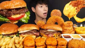 ASMR MUKBANG DOUBLE CHEESE BURGER & HOT CHEESE RING & FRENCH FRIES & ONION RINGS & CHICKEN NUGGETS