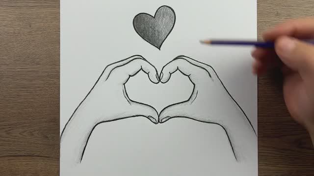 Как шаг за шагом нарисовать руки, показывающие знак сердца карандашом - Простые рисунки углем