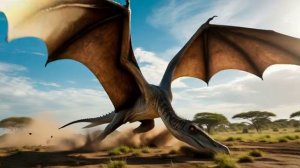 Гигантский хищный птеродактиль летит над землей