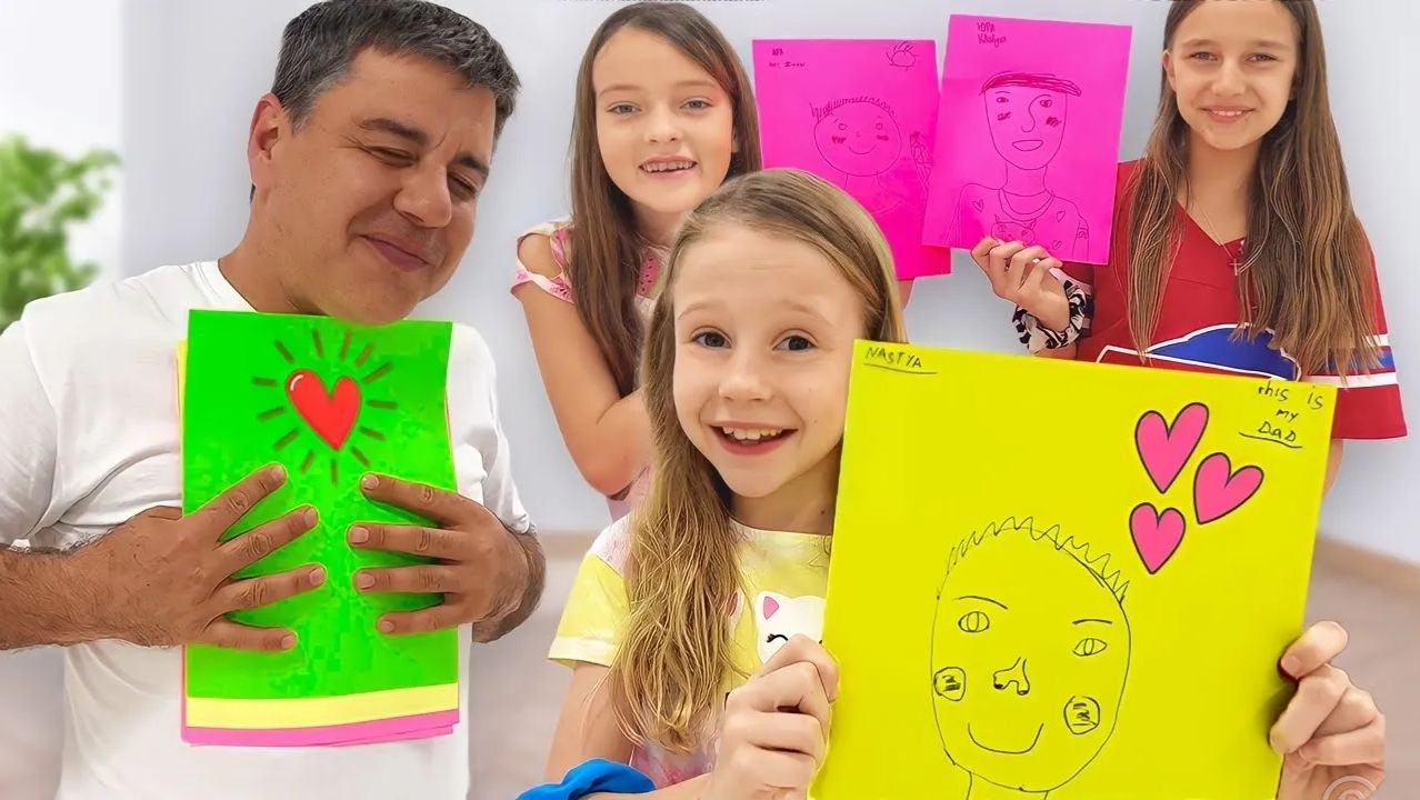 Настя и друзья помогают уставшему папе. Настя и папа принимают гостей