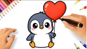 КАК НАРИСОВАТЬ ПРОСТОГО МИЛОГО ПИНГВИНА С СЕРДЦЕМ ШАГ ЗА ШАГОМ 🐧🎈