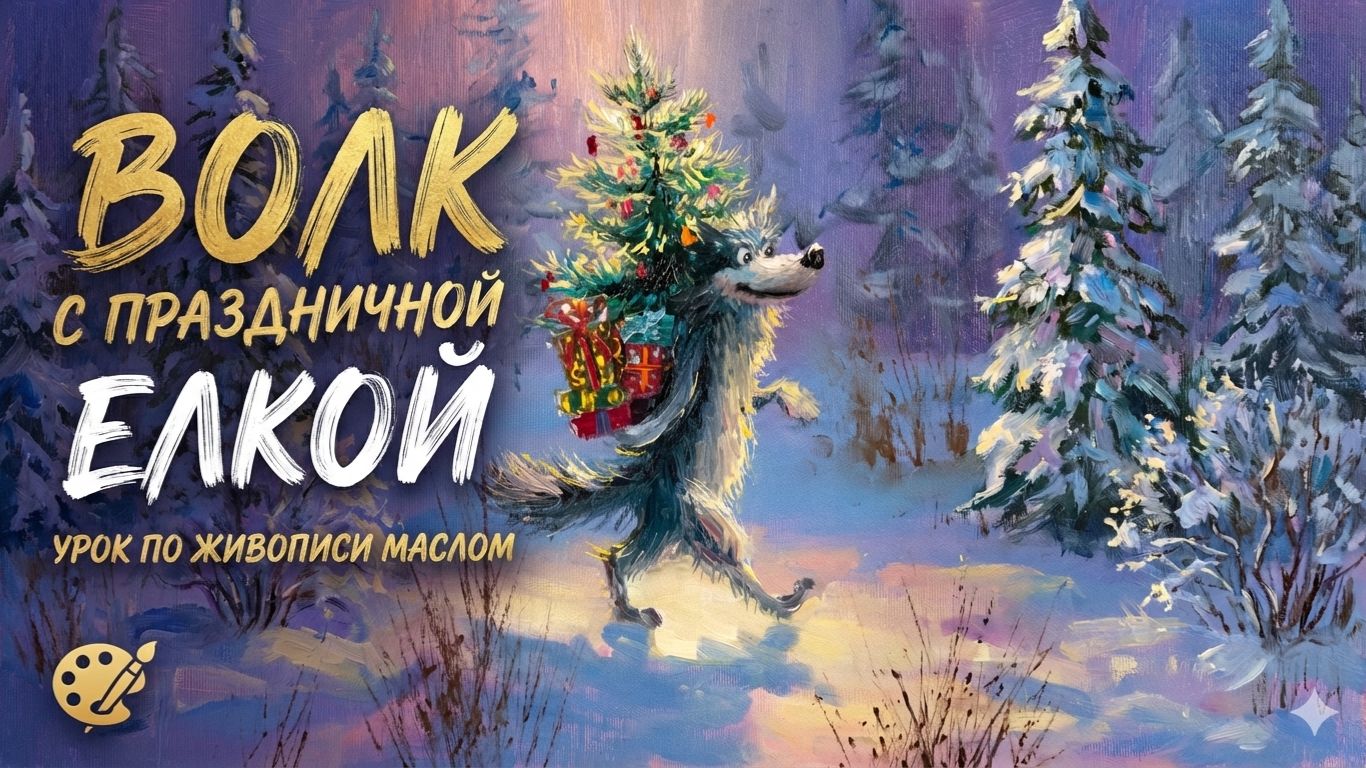 Хитрый волк | Праздничный пошаговый урок по живописи маслом смотреть онлайн
