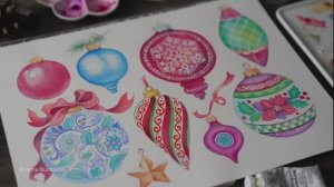 Рисуем потрясающе красивые елочные украшения акварелью.