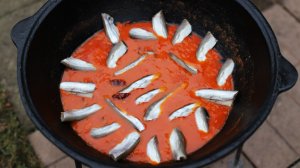 Мойва в томатном соусе в казане на костре