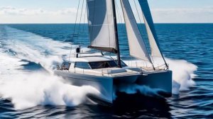 Парусный морской тримаран несётся по морской глади