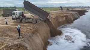 Отличная земля для засыпки! Самосвал для обработки выгружает грунт бульдозером D60P,