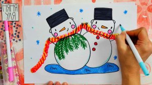 Новогодний рисунок для детей: Снеговики на Новый год для открытки! Пошагово 4+